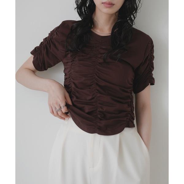 tシャツ シャーリングアシンメトリーTシャツ レディース