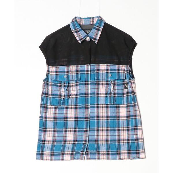 「STUSSY」 チェック柄ノースリーブシャツ S ブルー レディース