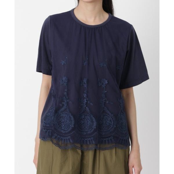 tシャツ 半袖 ベースフラワースカラップチュールレース×天竺ブラウスカットソー レディース