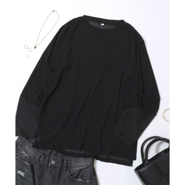 tシャツ Semi-Sheer Tulle Sleeve T-Shirt  / セミシアー袖チュール切替Tシャツ／透け感トップス 大人フェミニン シアーカットソー 長袖 レディース