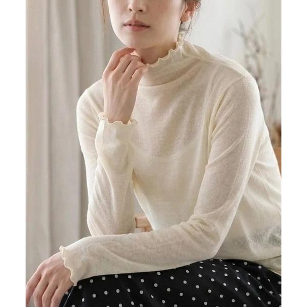 tシャツ Semi-Sheer High Neck Lettuce-Edge T-Shirt / セミシアーハイネックメローTシャツ / 透け感トップス 大人フェミニン レディース カットソー 長袖