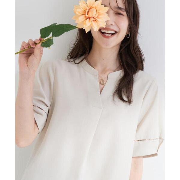 ブラウス シャツ 半袖 「洗濯後しわになりにくい/インせずきまる」シンプルだけど女性らしい 麻調スキッパーブラウス レディース