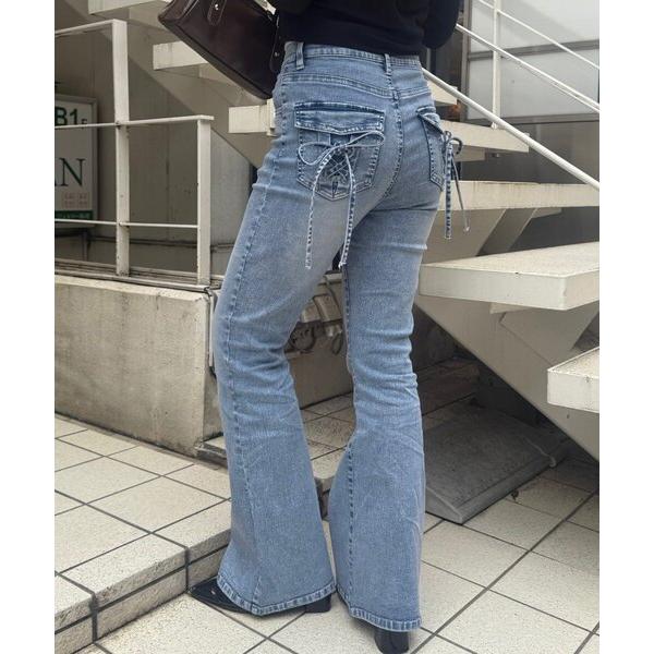 ジーンズ デニム デニムパンツ 「SM展開あり」レースアップリボンポケット付きセミフレアデニム レディース