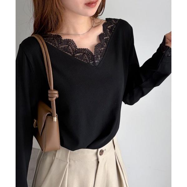 tシャツ チュールレースＶネックリブTシャツ レディース