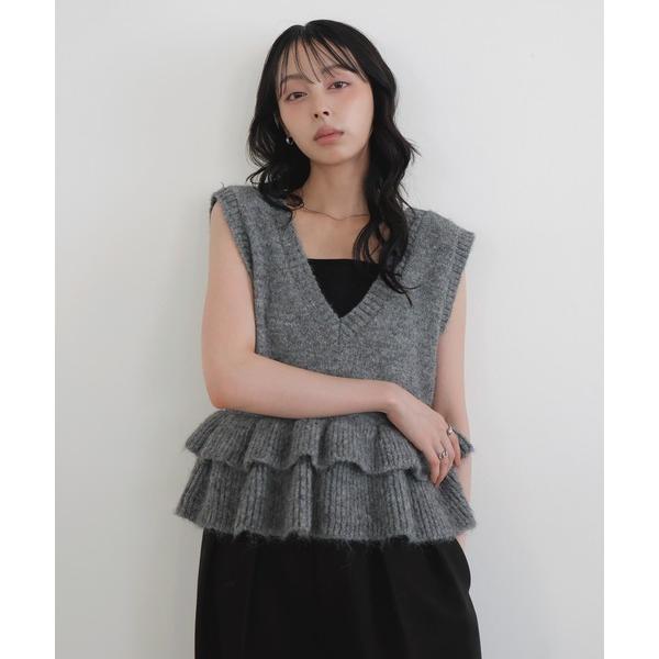 ベスト ジレ ２WAYモヘアフリルニットベスト レディース