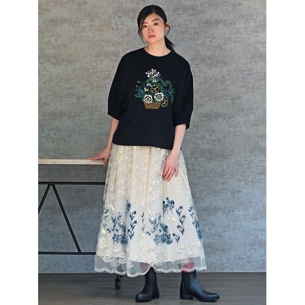 ロング スカート 花舞う森辺刺繍チュールレース×コットンタイプライターギャザースカート