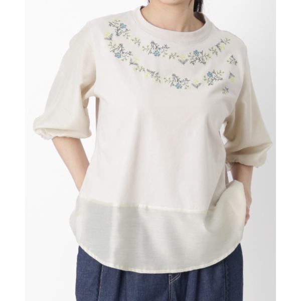 tシャツ フラワーネックリース刺繍×レーヨンポリエステルカットソー レディース