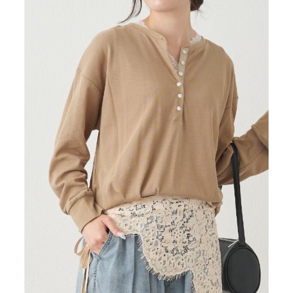 ヘンリーネック tシャツ 前後2WAYシアーワッフルカットソー レディース