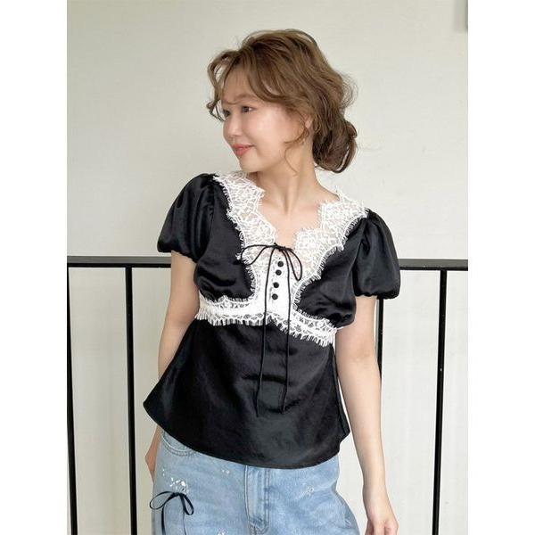 tシャツ 半袖 ヴィンテージレースサテントップス レディース