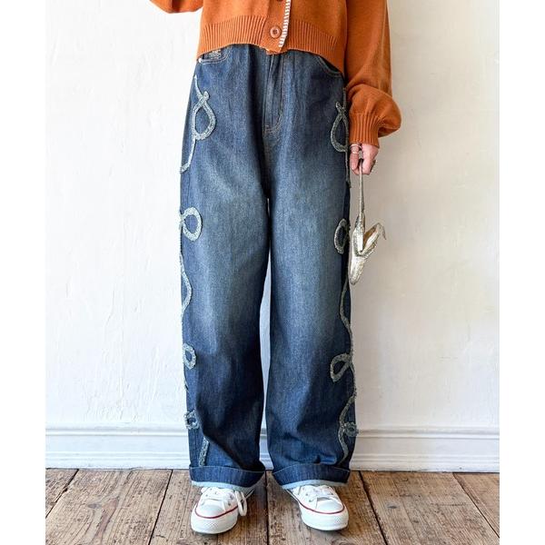 ワイドパンツ ジーンズ デニム デニムパンツ うねうねフリンジ ウエスト調節デニムワイドパンツ レディース