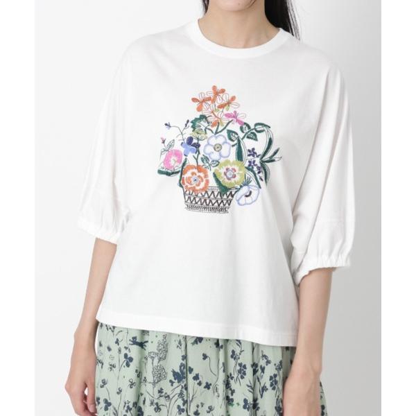tシャツ 野花のバスケット刺繍ドルマンスリーブカットソー レディース