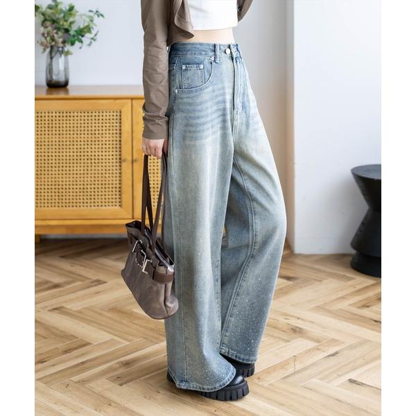 ワイドパンツ ジーンズ デニム デニムパンツ グラデーションラインストーンワイドデニムパンツ「骨格ナチュラル／Y2K／韓国ファッション」 レディース