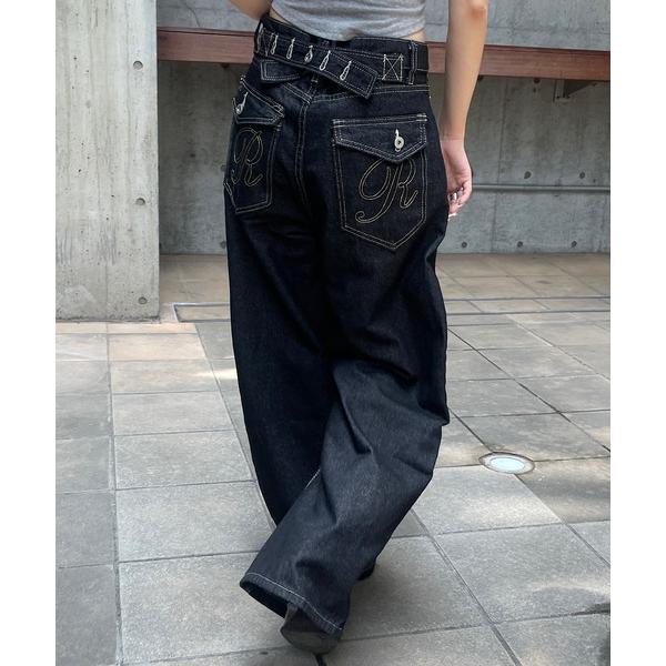 ワイドパンツ ジーンズ デニム デニムパンツ RRロゴステッチ ブラックデニムカーブパンツ レディース メンズ