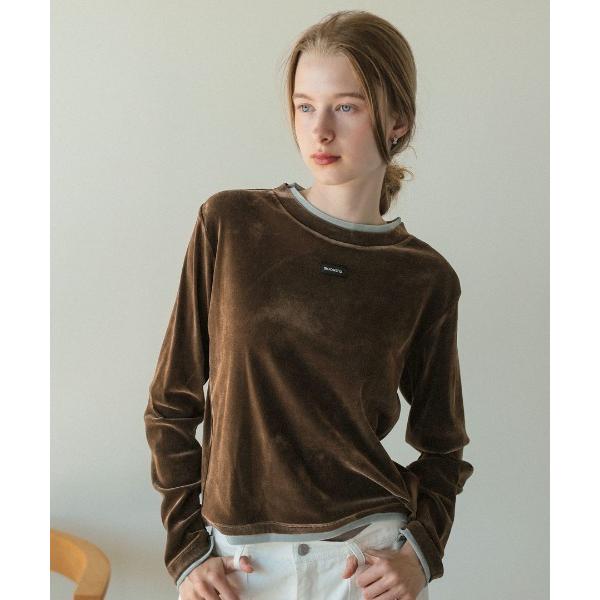 tシャツ 「1枚でレイヤードコーデが完成！」シアー ベロア トップス レイヤード 重ね着風 インナー ストレッチ カットソー 長袖 レディース