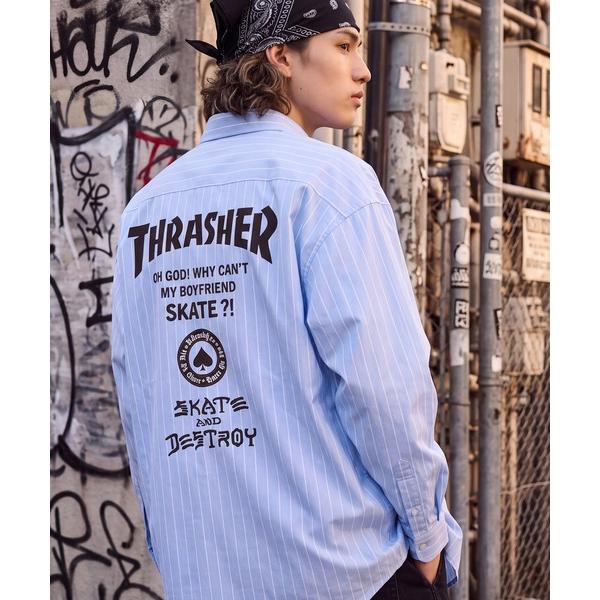 シャツ 「THRASHER/スラッシャー」バックプリント ストライプ 長袖ブロードシャツ メンズ レディース