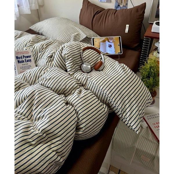 ベッド 寝具 「シングル」「4点セット」バイカラー ストライプ ベッドカバーセット　寝具