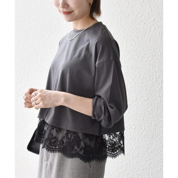 tシャツ 「洗濯機可能」ジップ レース ヘム ロングスリーブ TEE レディース