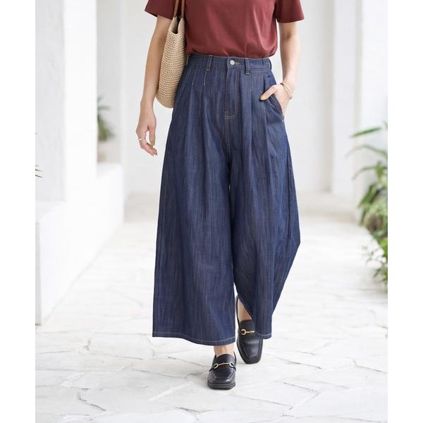 ワイドパンツ ジーンズ デニム デニムパンツ 「内ゴム入り」薄手で柔らかデニムガウチョパンツ レディース