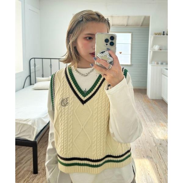 ベスト ジレ ワンポイント刺しゅうラインリブニットベスト レディース