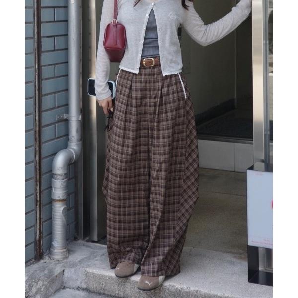 ワイドパンツ パンツ リラックスチェックパンツ レディース