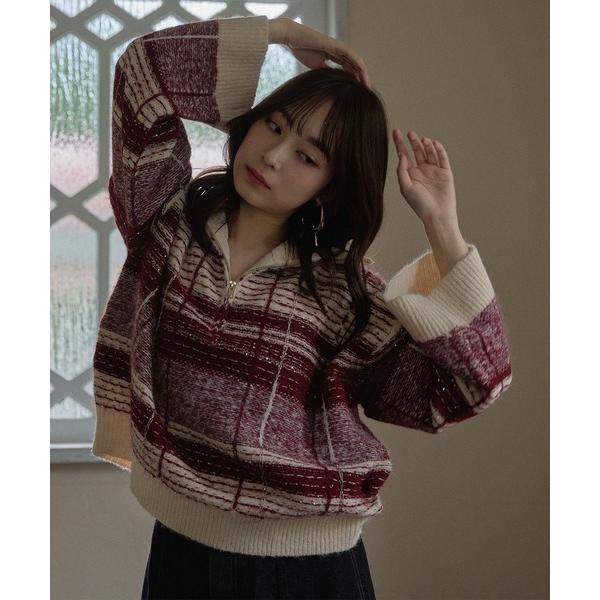 ニット セーター half zip check knit / ハーフジップチェックニット レディース