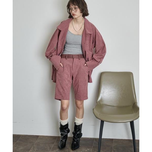ハーフパンツ パンツ 短パン コーデュロイ 配色ベルトスリムハーフパンツ レディース