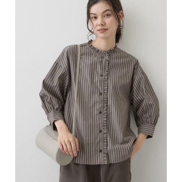 ブラウス シャツ 「オンオフ使える/シワになりにくい/洗濯機OK」ストライプフリルブラウス6分袖 レディース