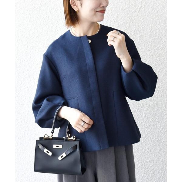 ジャケット ノーカラージャケット 「手洗い可能」パフ スリーブ ノーカラー ジャケット「NAVY BLUE」 レディース