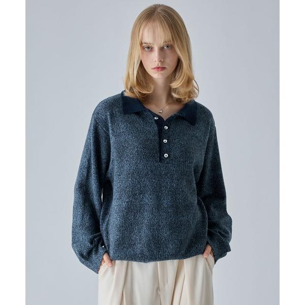 セーター ニット 「VELNUS」Silver Button Contrast Melange Knit Polo Shirt / シルバーボタン配色メランジニットポロシャツ メンズ レディース