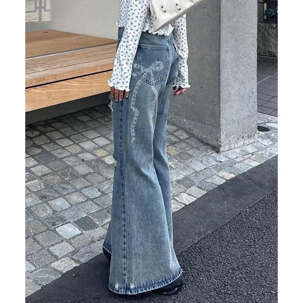 ジーンズ デニム デニムパンツ リボン抜染ダメージフレアデニム レディース