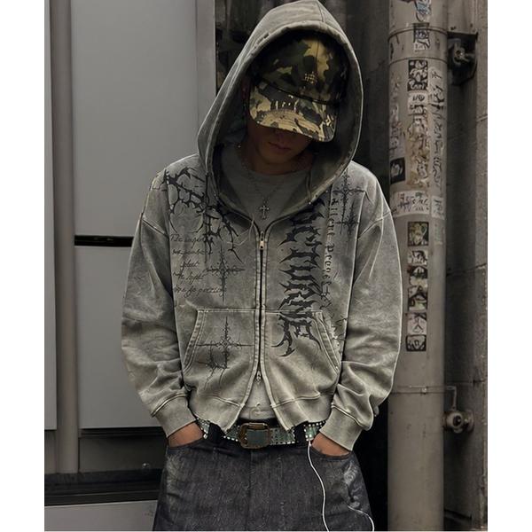 パーカー 裏起毛 短丈ピグメント加工ダブルジップパーカー/トライバルアートロゴ/ユニセックス メンズ レディース