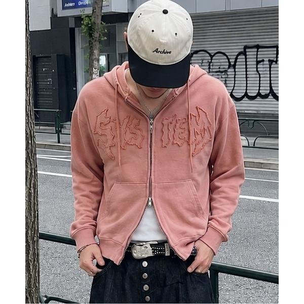 パーカー 裏起毛 短丈ピグメントダブルジップパーカー/パッチワークロゴ/ユニセックス メンズ レディース