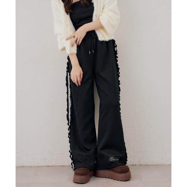 ワイドパンツ スウェットパンツ ジャージ 楽ちんなのにかわいい、サイドフリルスウェットパンツ レディース