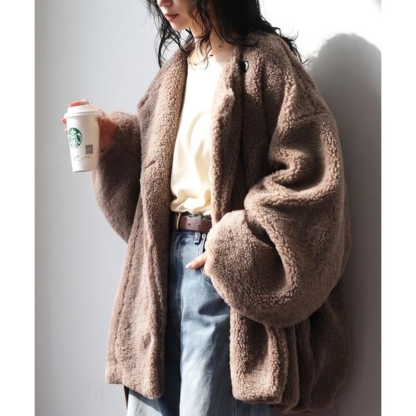 アンティカ antiqua コート アウター テディボア ノーカラー ジャケット レディース