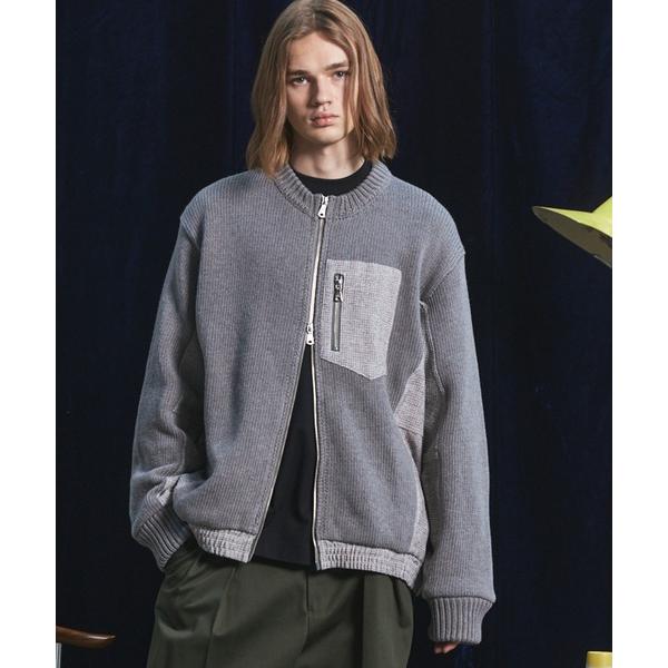 カーディガン 「UNISEX」異素材ドッキングプライムオーバークルーネックニットブルゾン/Mixed Materials Docking Prime-Over Crew Neck Knit Sweater Blou…