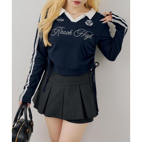 tシャツ 配色襟キラキラロゴサイドドロストTee レディース
