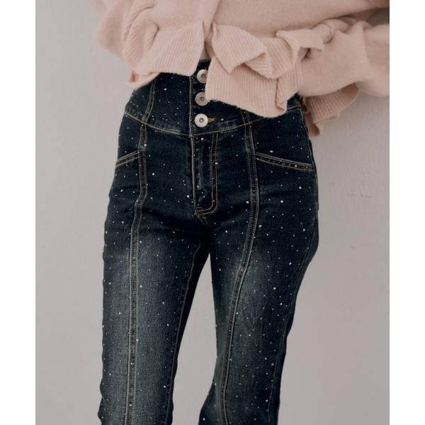 ジーンズ デニム デニムパンツ キラキラ後レースアップフレアデニム レディース