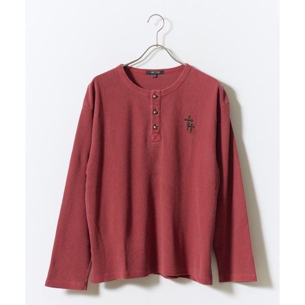 ヘンリーネック tシャツ ワンポイント刺繍ワッフルヘンリーネックロンT Tシャツ 長袖 ピグメント加工 ワッフル生地 カジュアル y2K グランジ ストリート …