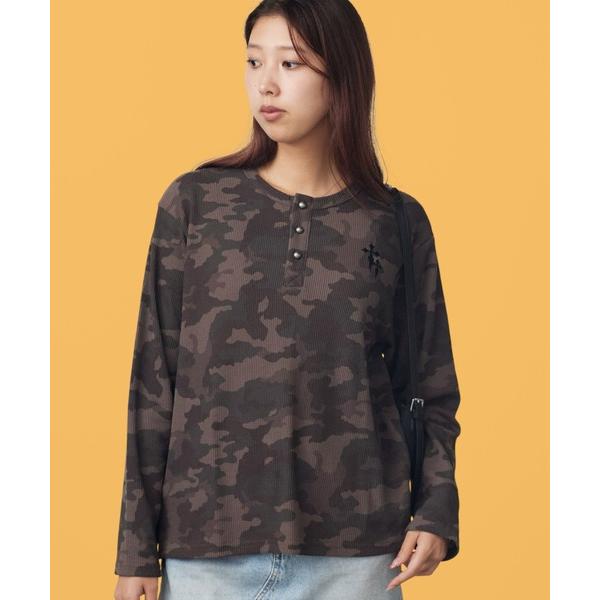 ヘンリーネック tシャツ ワンポイント刺繍ワッフルヘンリーネックロンロンT カモフラージュ柄 迷彩柄 Tシャツ 長袖 ワッフル生地 カジュアル y2K ストリー…