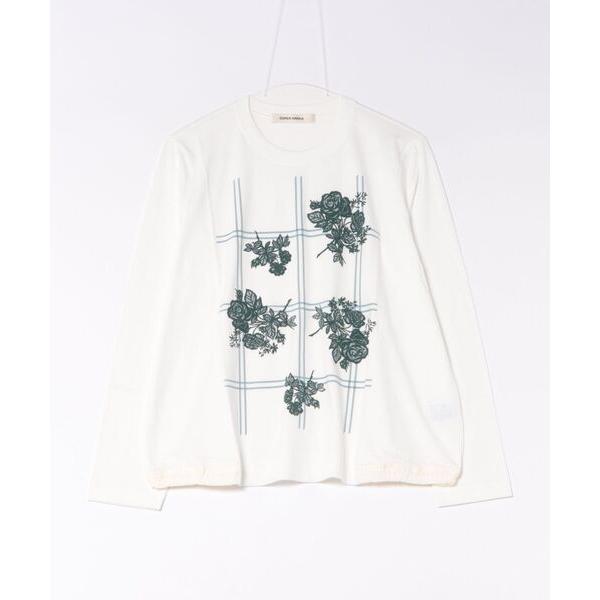 tシャツ ローズチェック柄発泡プリント長袖カットソー レディース