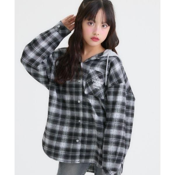 コート アウター 配色フードつきチェックシャツ キッズ 子供服 女の子