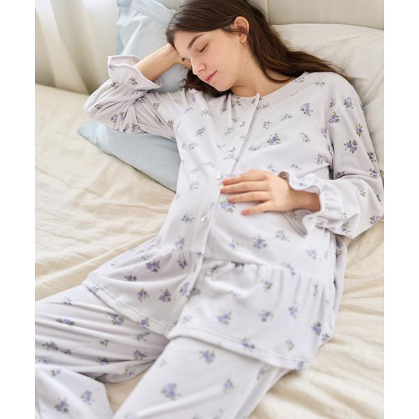 マタニティ ベロア 小花柄 マタニティ パジャマ 上下セット 授乳対応 入院準備 産前 産後 対応