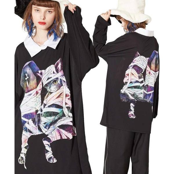 tシャツ 前後ホラーナイトミイラネコシャツ襟カットソー -メガビッグ- メンズ