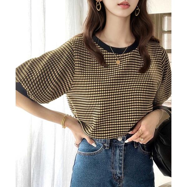 tシャツ レトロムードな夏の1枚。ハニカム柄ジャガードニットソー レディース
