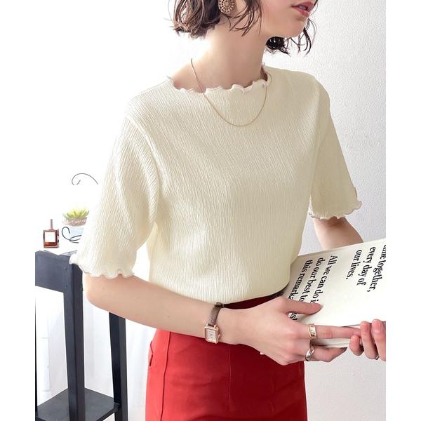 tシャツ 夏に大活躍！胸きゅん、褒められトップス。配色メロウ5分袖シャーリングトップス レディース