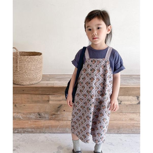 ワンピース ジャンパースカート aimoha-KIDS- 韓国子供服　花とチェック柄ワンピース　ジャンパースカート