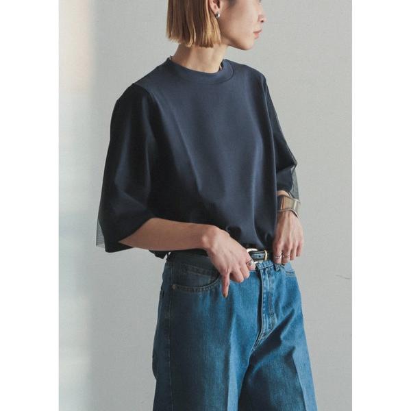 tシャツ 半袖 チュールコンビ天竺 ハイネックP/O レディース