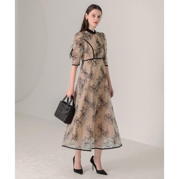 『タイムセール実施中』ZOZO問い合わせ番号:71104324ショップ:Leja，レジャブランド:Leja，レジャ商品名:【LEJA】配色パイピングプチハイネック花柄刺繍ラメレースロング丈ドレスワンピース美脚効果結婚式 パーティードレス 二...