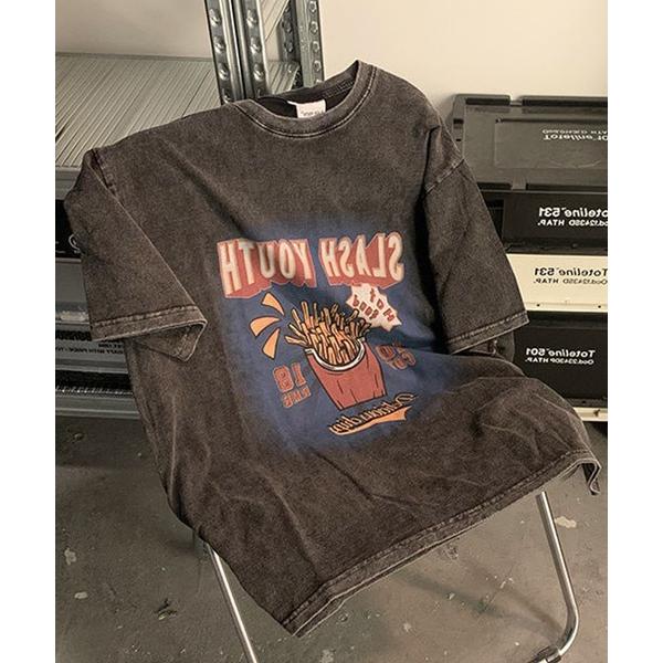 tシャツ ビッグシルエット ピグメント ジャンキープリント 韓国 ストリート y2k 古着風 オーバーサイズ ヴィンテージ ウォッシュ 半袖 Tシャツ