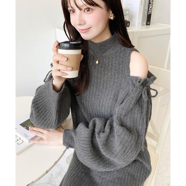 『タイムセール実施中』ZOZO問い合わせ番号:74331948ショップ:moment+，モーメントプラスブランド:moment+，モーメントプラス商品名:袖リボンショルダースリットニットワンピースカテゴリ:ワンピース/ドレス>ワンピー...